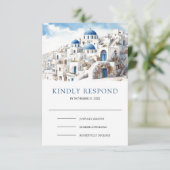 Watercolor Santorini Greece Wedding 出欠カード (スタンド正面)