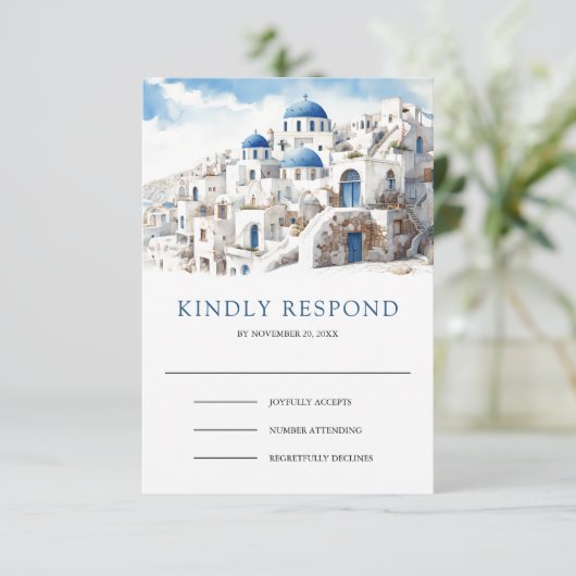 Watercolor Santorini Greece Wedding 出欠カード (スタンド正面)