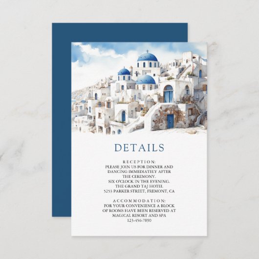 Watercolor Santorini Greece Wedding Details エンクロージャーカード (正面/裏面)