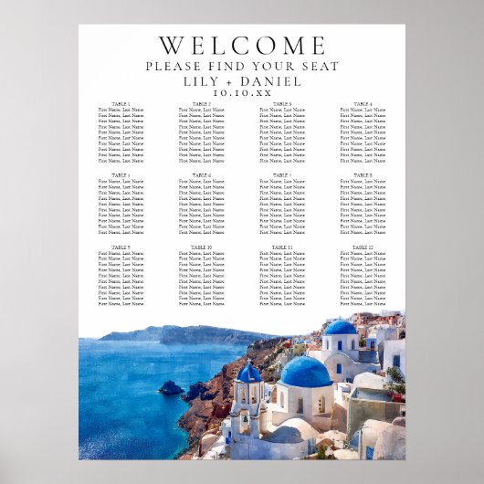 Watercolor Santorini Greece Wedding Seating Chart ポスター (正面)