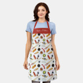 Watercolor Sashimi Pattern White Red エプロン (着用した状態)