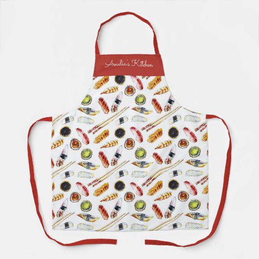 Watercolor Sashimi Pattern White Red エプロン (正面)