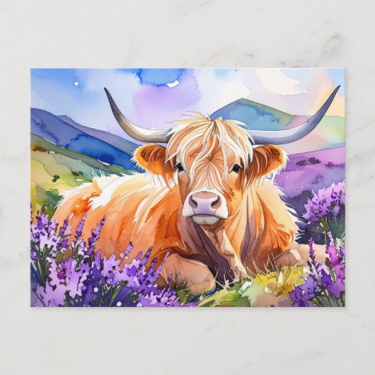 Watercolor Scottish Highland Cow Postcard ポストカード (正面)