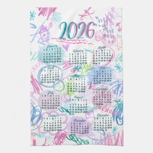 Watercolor Scribbles Calendar Tea Towel 2026 キッチンタオル (縦)