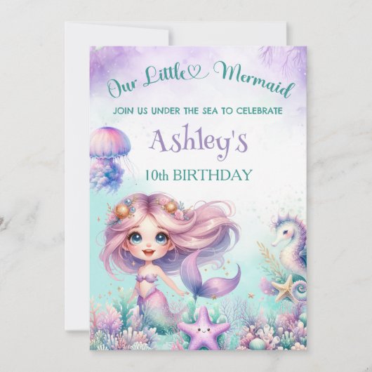 Watercolor Sea Mermaid Birthday  招待状 (正面)