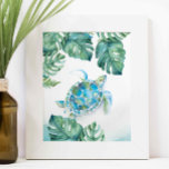 Watercolor Sea Turtle and Monstera Leaves ポスター<br><div class="desc">Perfect for kids bedrooms, bathrooms and living areas in your tropical beach home. This print features my original hand painted watercolor sea turtle and monstera palm leaves in shades of turquoise green and blue. It matches my sea side decor collection. To see more art by Victoria Rigali Designs visit www.zazzle.com/dotellabelle...</div>