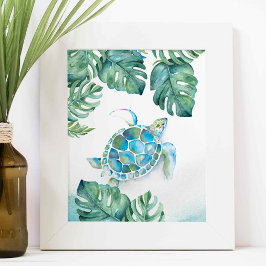 Watercolor Sea Turtle and Monstera Leaves ポスター