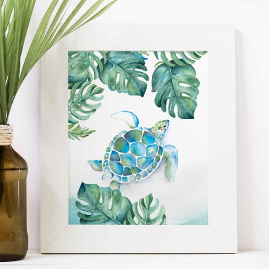 Watercolor Sea Turtle and Monstera Leaves ポスター