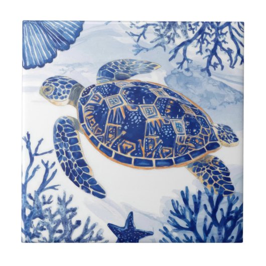 Watercolor Sea Turtle Ocean Blue タイル (正面)