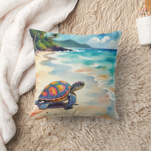 Watercolor Sea Turtle On a Beach クッション (ブランケット)