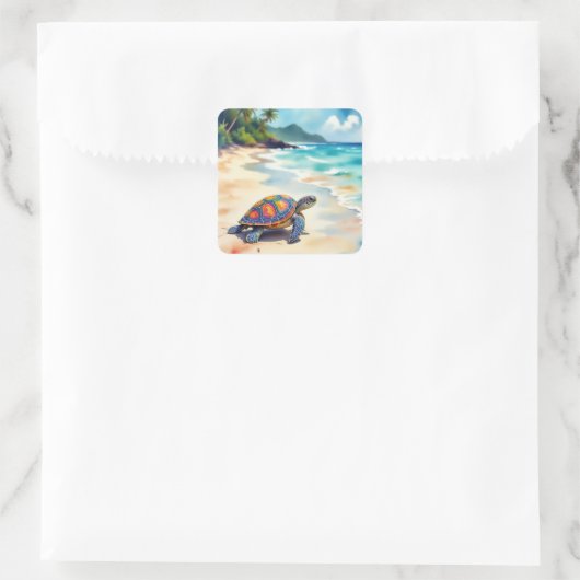 Watercolor Sea Turtle On a Beach スクエアシール (バッグ)