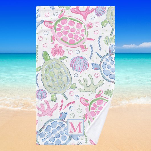 Watercolor Sea Turtles Coastal Preppy Monogram  ハンドタオル