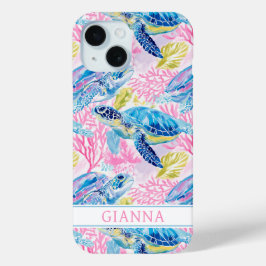 Watercolor Sea Turtles Monogrammed iPhone 15ケース