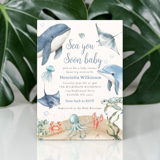 Watercolor Sea You Soon Baby shower Invitation 招待状
