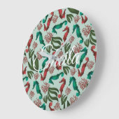 Watercolor Seahorse Mint Nautical Personalized ラージ壁時計 (傾斜)