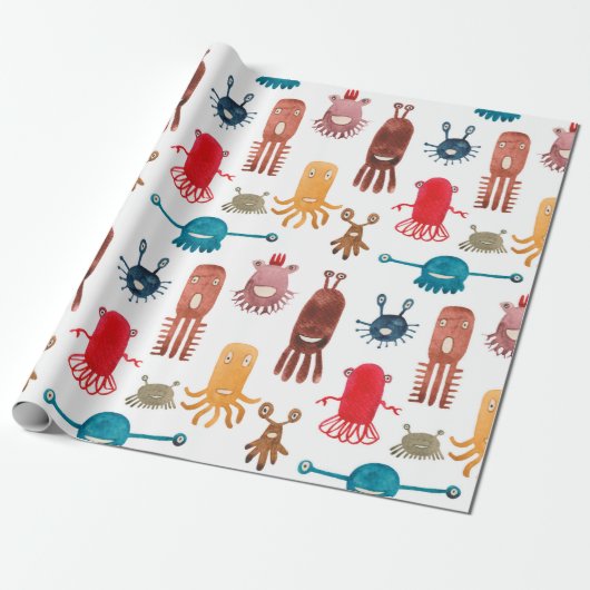 Watercolor seamless pattern of funny monsters and  ラッピングペーパー (アンロールド)