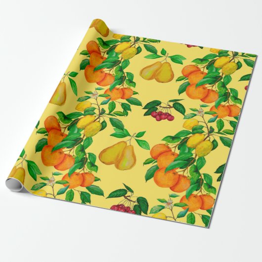 Watercolor seamless pattern with citrus, pear, che ラッピングペーパー (アンロールド)