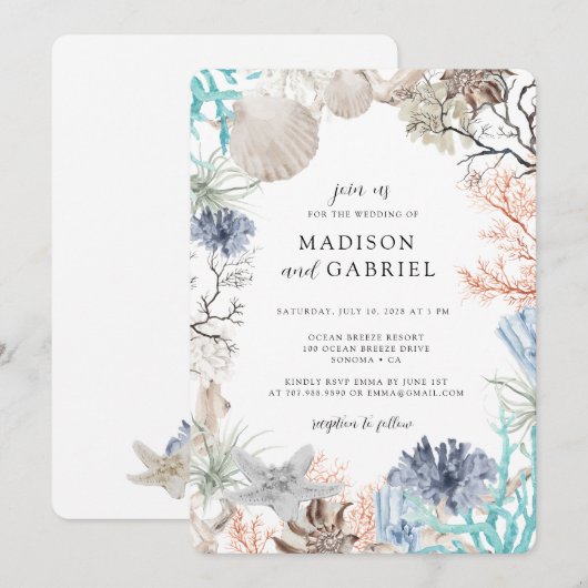 Watercolor Seashell Coral Starfish Wedding 招待状 (正面/裏面)