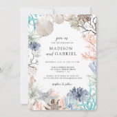 Watercolor Seashell Coral Starfish Wedding 招待状 (正面)