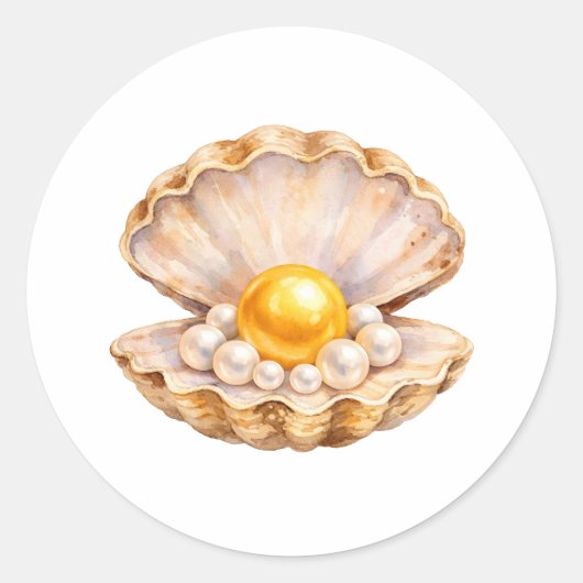 Watercolor Seashell with Golden and White Pearls  ラウンドシール (正面)