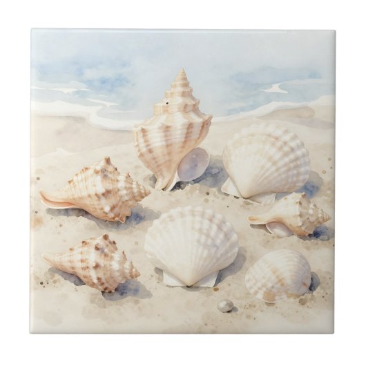 Watercolor Seashells Beach Scene タイル (正面)