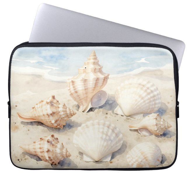 Watercolor Seashells Beach Scene ラップトップスリーブ (正面)