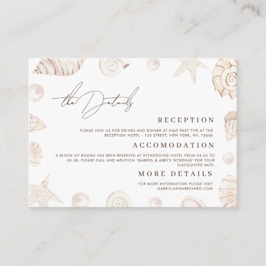 Watercolor Seashells Nautical Wedding Details エンクロージャーカード (正面)