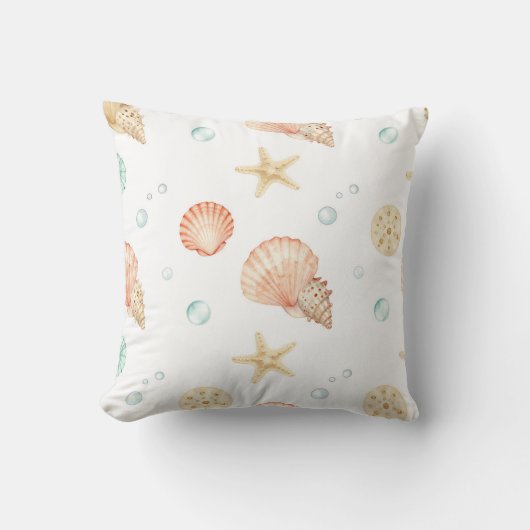 Watercolor Seashells Pearls Coastal Pattern クッション (正面)