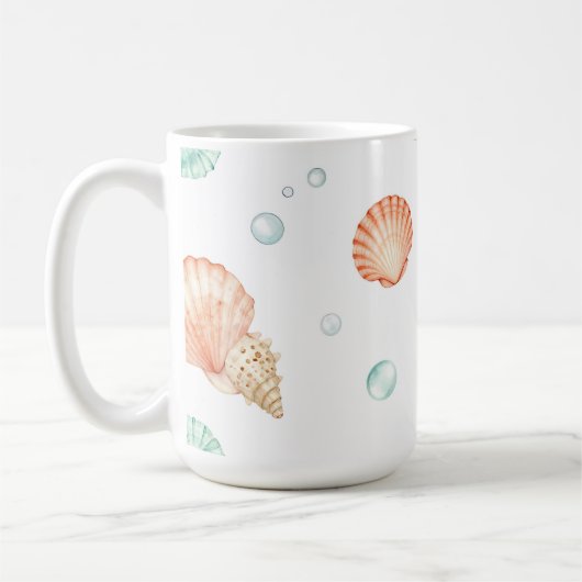 Watercolor Seashells Pearls Coastal Pattern コーヒーマグカップ (左)