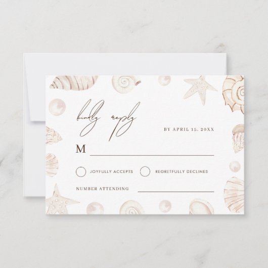 Watercolor Seashells & Pearls Nautical Wedding 出欠カード (正面)