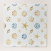 Watercolor Seashells Starfish Coastal Pattern ジグソーパズル (横)