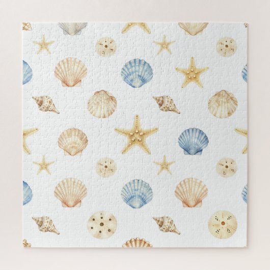 Watercolor Seashells Starfish Coastal Pattern ジグソーパズル (縦)