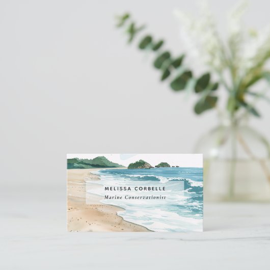 Watercolor Seaside Marine Conservationist QR Code 名刺 (スタンド正面)