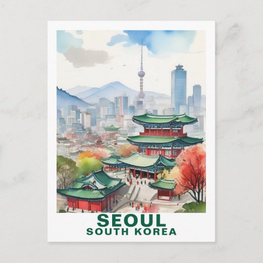 Watercolor Seoul, South Korea Travel Art ポストカード (正面)