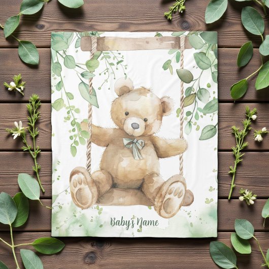 Watercolor Shades of Green Teddy Bear フリースブランケット
