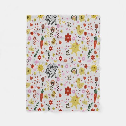 watercolor Sheep’s, Flowers & Sun Pattern  フリースブランケット (正面)