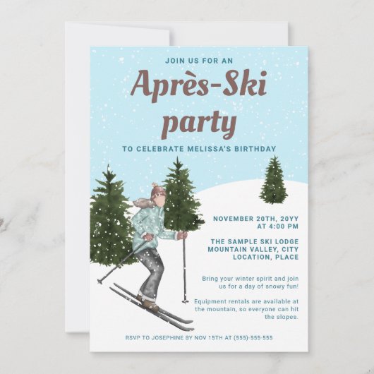 Watercolor Ski Girl Fun Après-Ski Birthday Party 招待状 (正面)