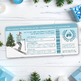 Watercolor Skier Faux Ski Trip Ticket Birthday 招待状