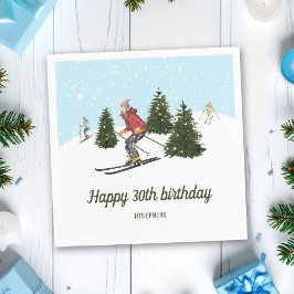 Watercolor Skier Women Winter Birthday Party スタンダードカクテルナプキン