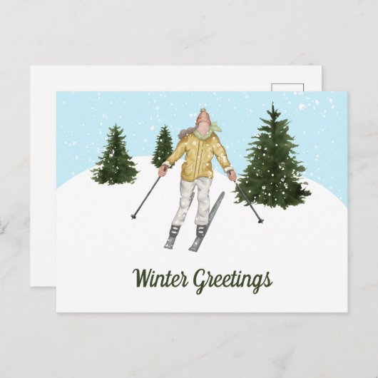Watercolor Skiing Woman And Trees Winter Greetings ポストカード (正面/裏面)