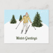 Watercolor Skiing Woman And Trees Winter Greetings ポストカード (正面)