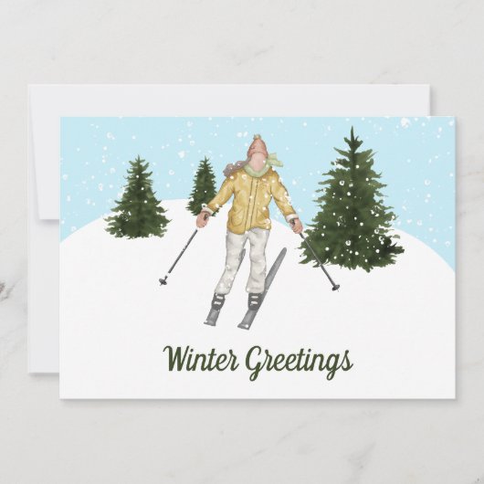 Watercolor Skiing Woman Custom Winter Greetings シーズンカード (正面)
