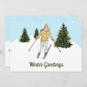 Watercolor Skiing Woman Custom Winter Greetings シーズンカード (正面/裏面)