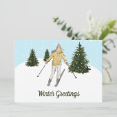 Watercolor Skiing Woman Custom Winter Greetings シーズンカード (スタンド正面)