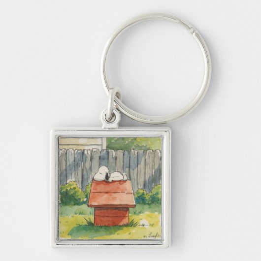 Watercolor Sleeping Dog on Red Doghouse Art キーホルダー (正面)