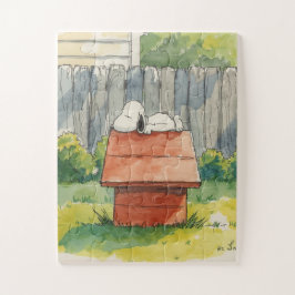 Watercolor Sleeping Dog on Red Doghouse Art ジグソーパズル