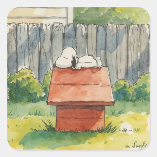 Watercolor Sleeping Dog on Red Doghouse Art スクエアシール (正面)