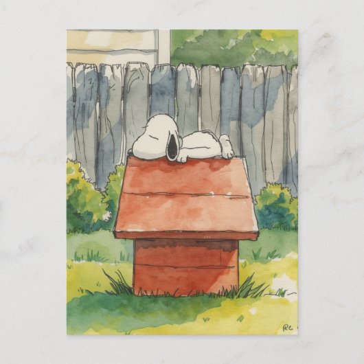 Watercolor Sleeping Dog on Red Doghouse Art ポストカード (正面)