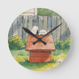 Watercolor Sleeping Dog on Red Doghouse Art ラウンド壁時計