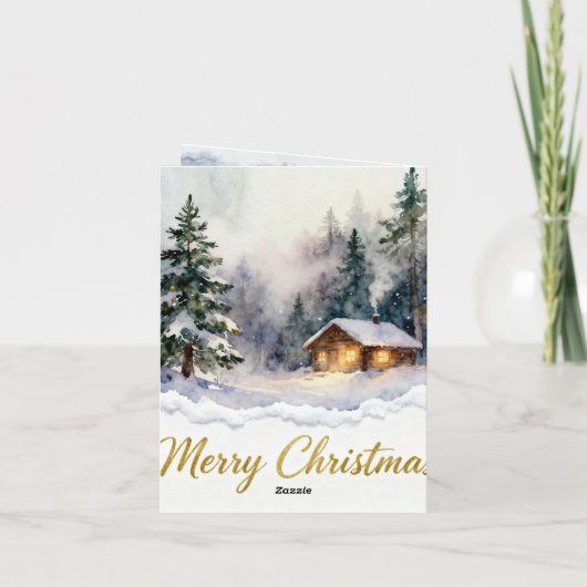Watercolor Snow Cabin Christmas Card – Cozy Winter カード (裏面)
